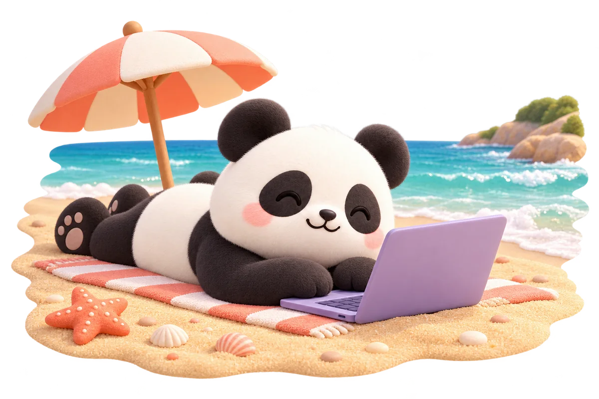 A panda programming on a laptop at the beach