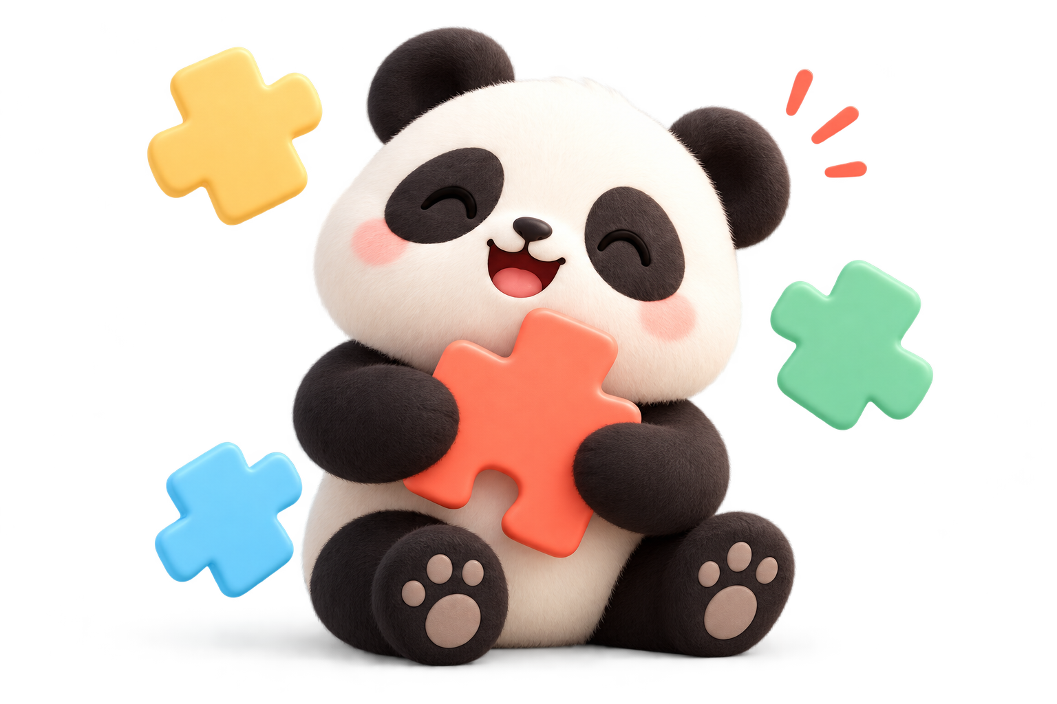 A cheerful panda holding a coral puzzle piece